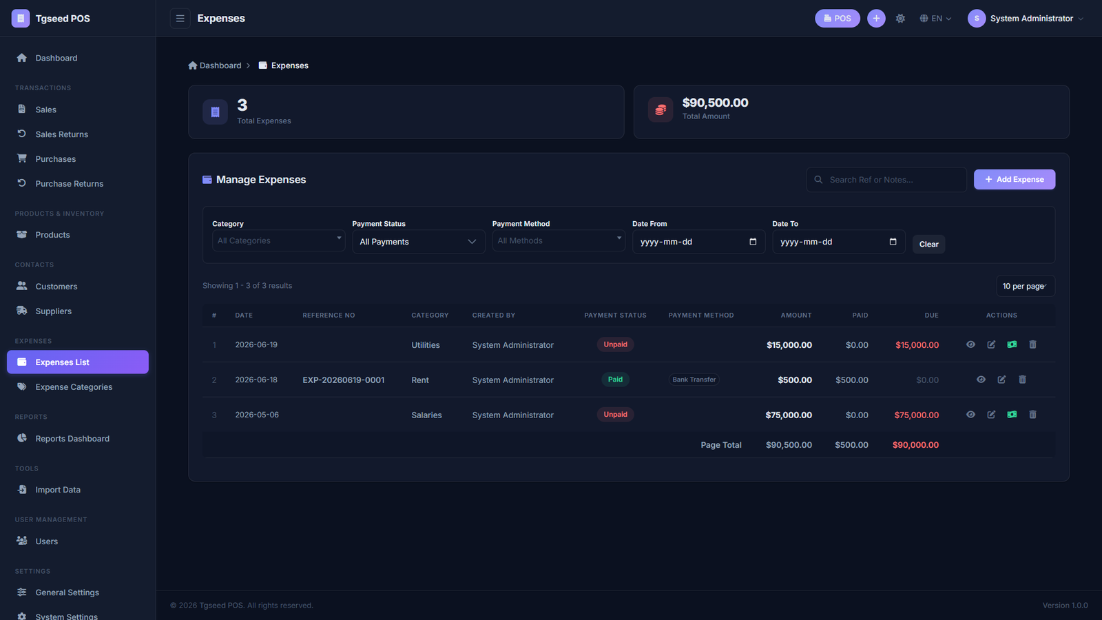 Expenses — every cost tracked and categorized