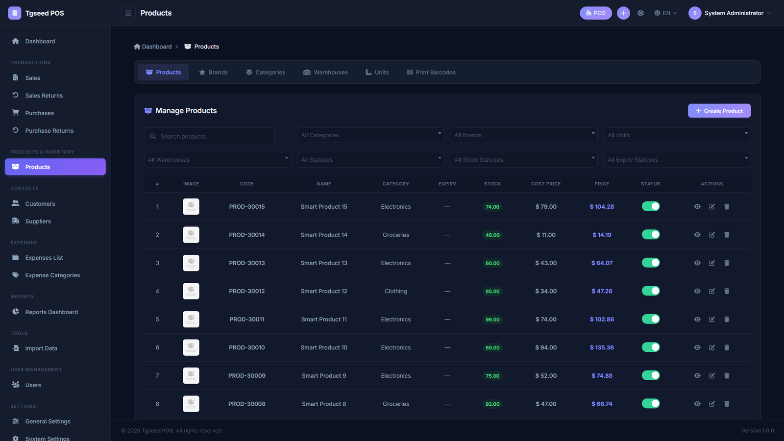 Products — full catalog with stock & pricing